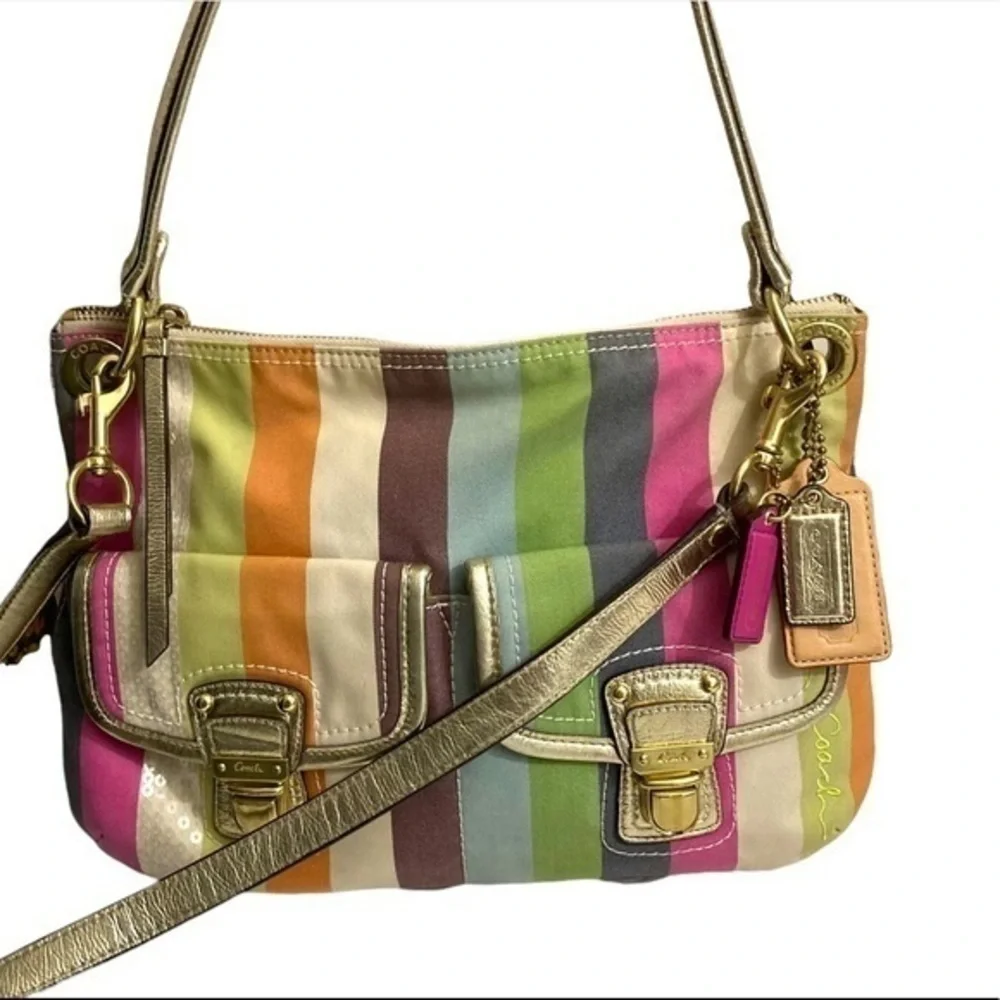 Coach poppy rare legacy striped sequined two way messenger crossbody bag